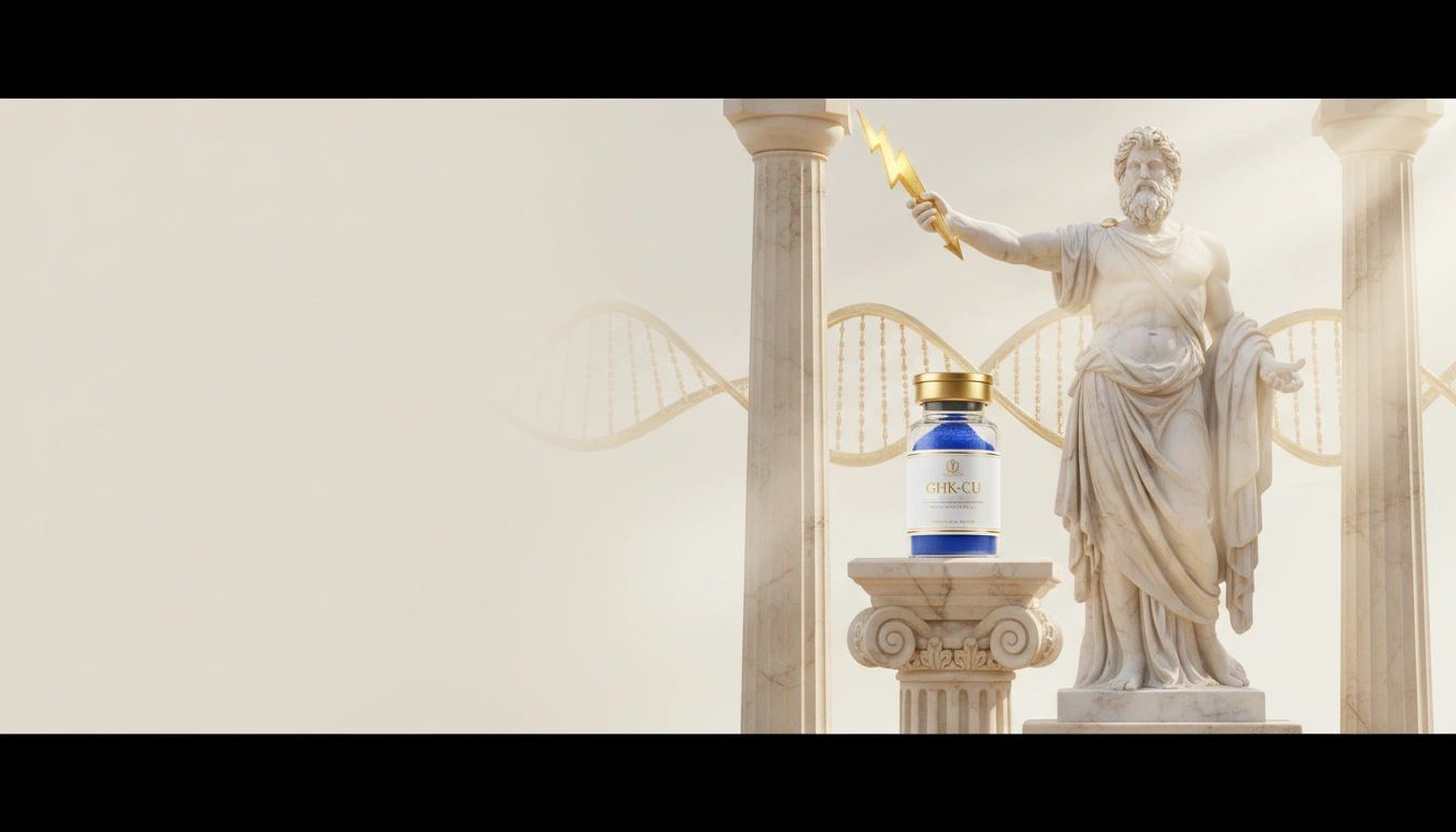 Zeus marble statue with Olympia BioLabs research compound vial on marble pedestal